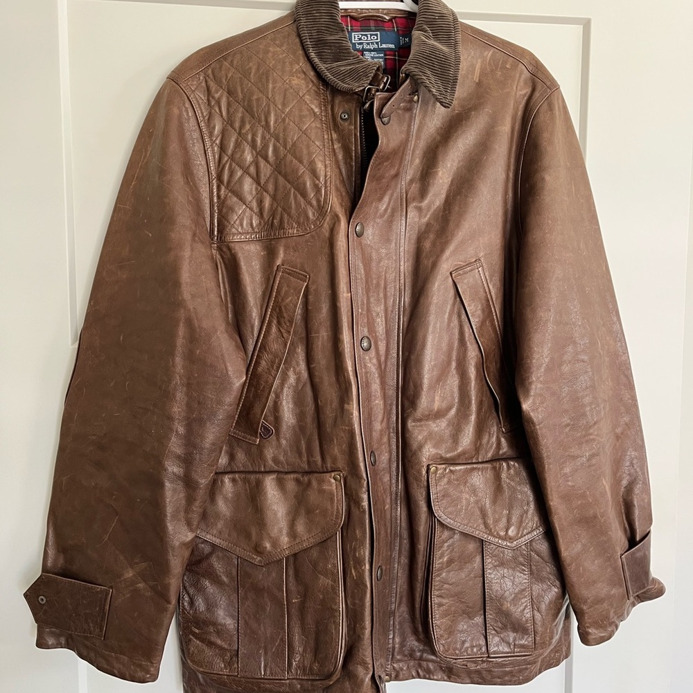 Ralph Lauren Polo Brown Leather Shooting Hunting Jacket Vintage Plaid Lining M